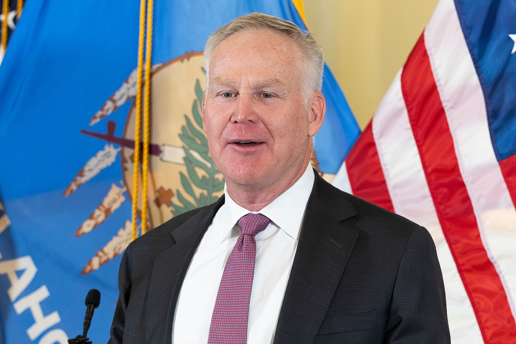 Oklahoma U.S. Senate appointee Alan Armstrong speaks to state leaders, reporters, and friends after he was announced by Oklahoma Governor Kevin Stitt's as his choice to temporarily fill Senator Markwayne Mullin's seat during a press conference at the Oklahoma State Capitol in Oklahoma City, Tuesday, March 24, 2026, Oklahoma City. (AP Photo/Alonzo Adams)
