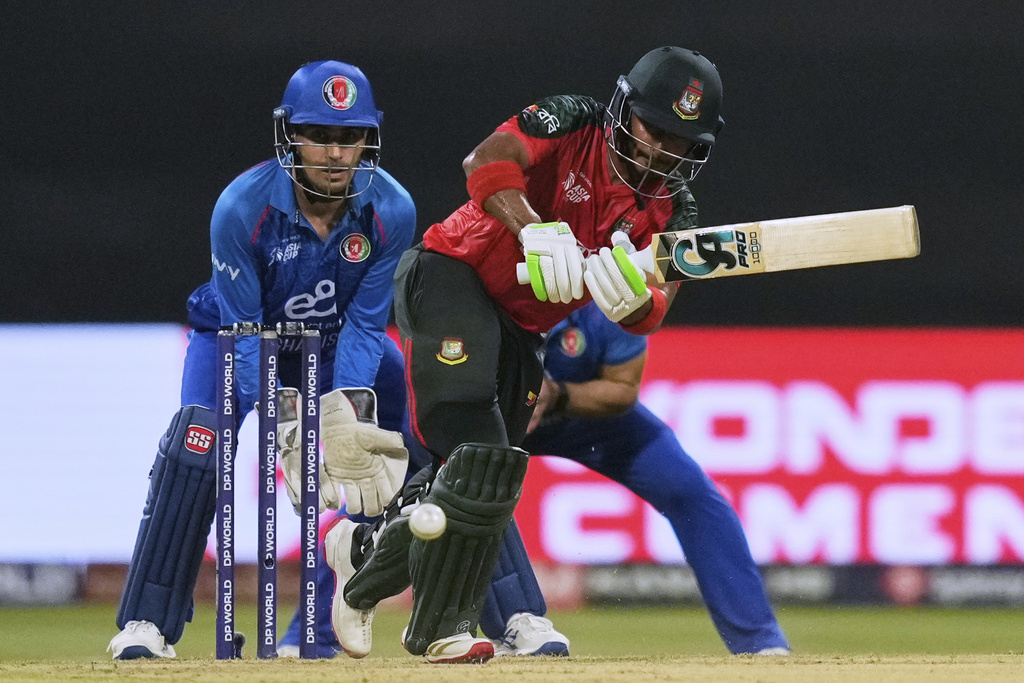 Bangladesh's Tanzid Hasan plays a shot during the Asia Cup Cricket match between Bangladesh and Afghanistan at Zayed Cricket Stadium in Abu Dhabi, United Arab Emirates, Tuesday, Sept. 16, 2025. (AP Photo/Altaf Qadri)