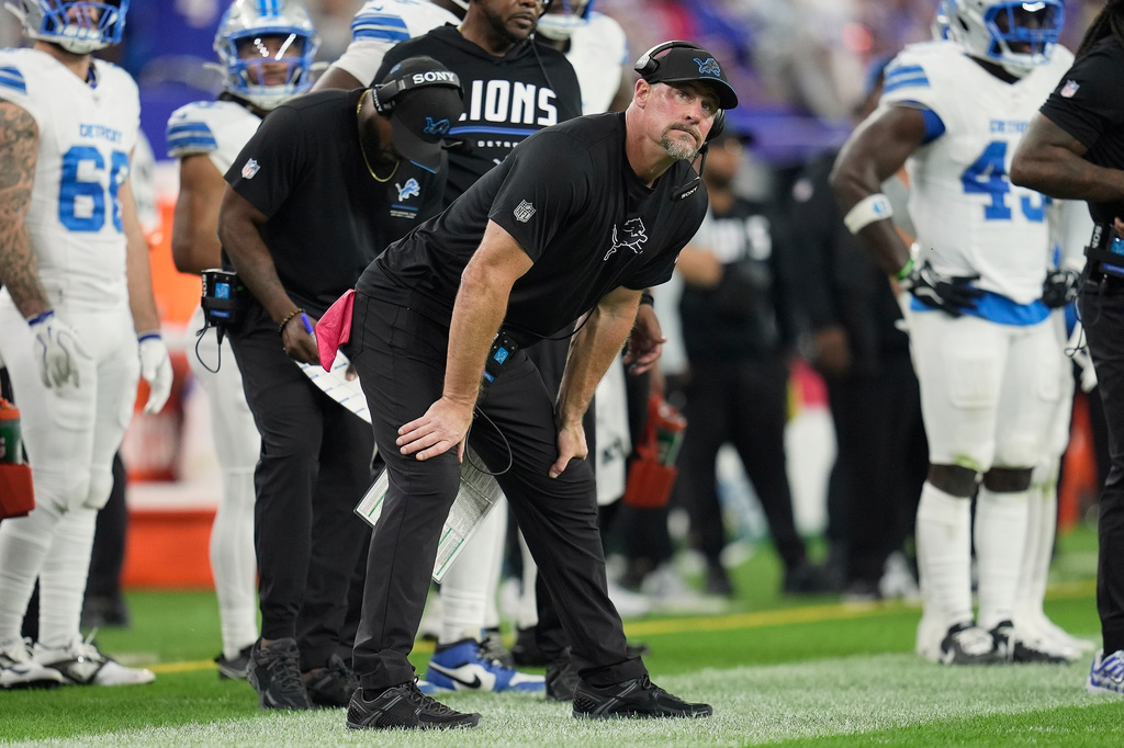 Detroit Lions head coach Dan Campbell watches against the Buffalo Bills during the first half of an NFL football game in Orchard Park, N.Y., Thursday, Sept. 17, 2026. (AP Photo/Sue Ogrocki)