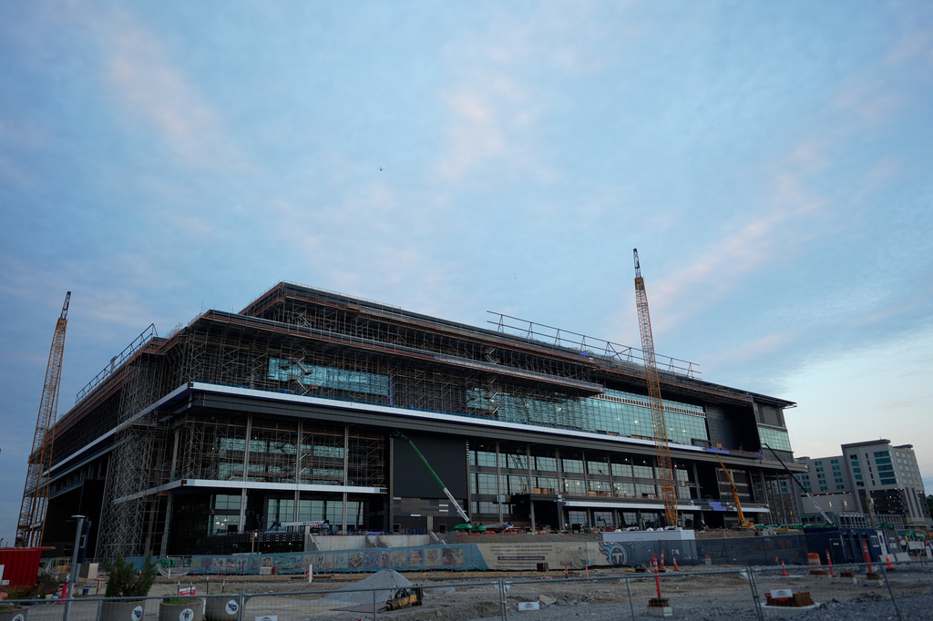 FILE - Construction continues on a new enclosed stadium for the Tennessee Titans NFL football team Monday, May 18, 2026, in Nashville, Tenn. (AP Photo/George Walker IV, File)