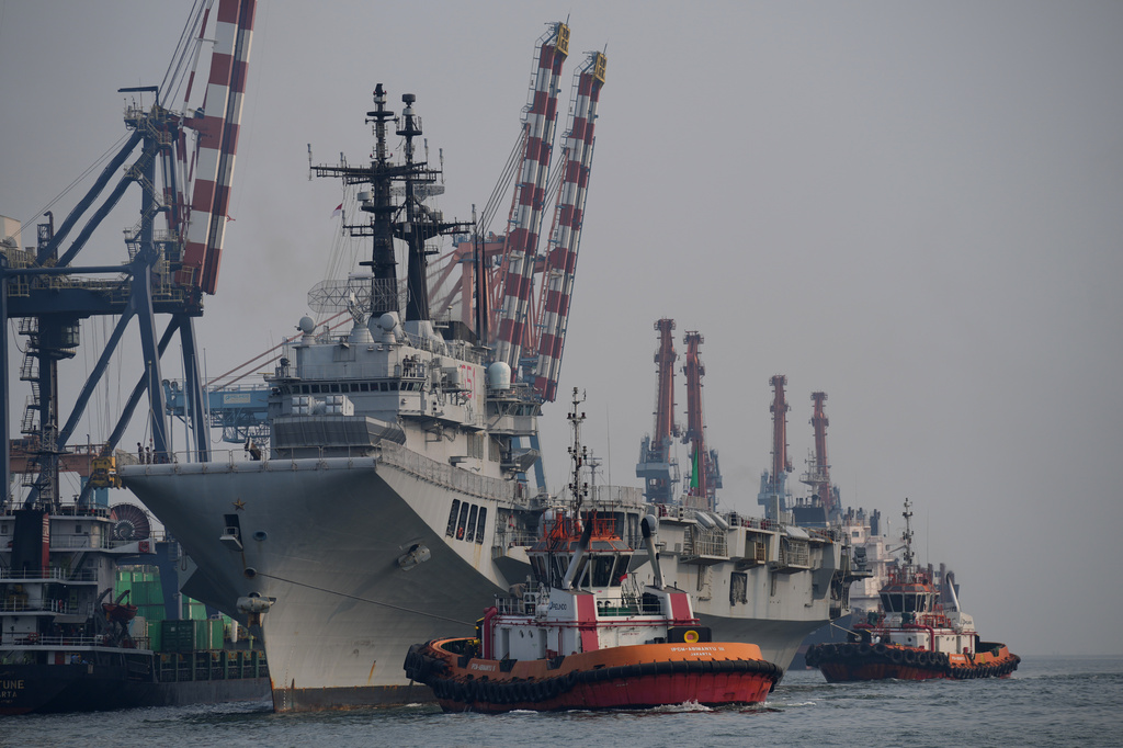 The Giuseppe Garibaldi, a former Italian Navy aircraft carrier, arrives at Tanjung Priok port in Jakarta, Indonesia, Friday, Sept. 18, 2026. (AP Photo/Tatan Syuflana)