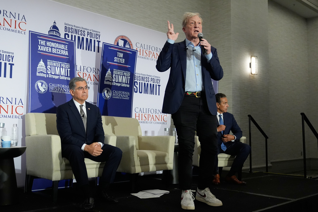 Tom Steyer speaks during a gubernatorial candidate forum in Sacramento, Calif., Tuesday, April 14, 2026. (AP Photo/Godofredo A. Vásquez)