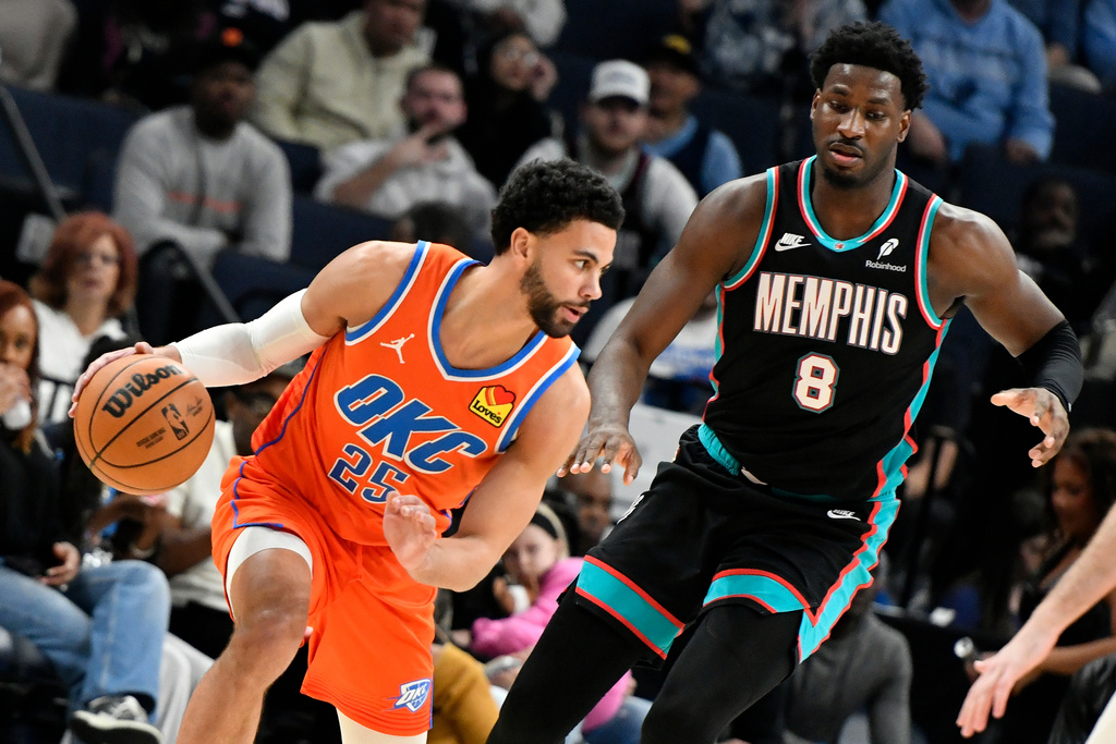 Oklahoma City Thunder guard Ajay Mitchell (25) handles the ball against Memphis Grizzlies forward Jaren Jackson Jr. (8) in the first half of an NBA basketball game Friday, Jan. 9, 2026, in Memphis, Tenn. (AP Photo/Brandon Dill)