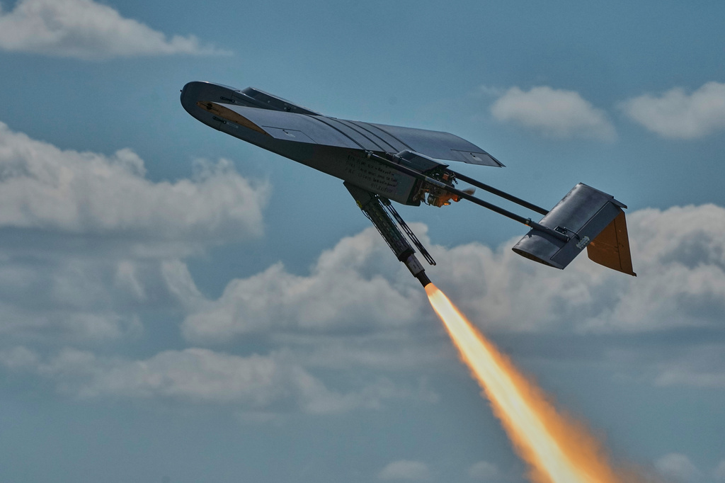 A Ukrainian FP-1 long-range attack drone is launched by the 413th Separate Regiment of Unmanned Systems "Raid" on a deep-strike drone mission to hit Russian targets deep in their territory, in an undisclosed location in Ukraine, Sunday, Aug. 16, 2026. (AP Photo/Efrem Lukatsky)