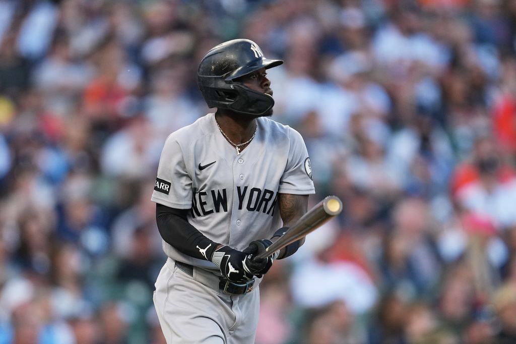 New York Yankees' Jazz Chisholm Jr. watches his two-run home run against the Detroit Tigers during the sixth inning of a baseball game Tuesday, June 23, 2026, in Detroit. (AP Photo/Paul Sancya)