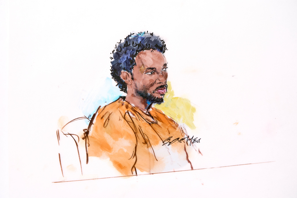 In this courtroom sketch, David Anthony Burke, whose stage name is D4vd, is seen in court Thursday, April 23, 2026, in Los Angeles on charges of killing a 14-year-old girl whose dismembered body was found in his car. (Bill Robles via AP)