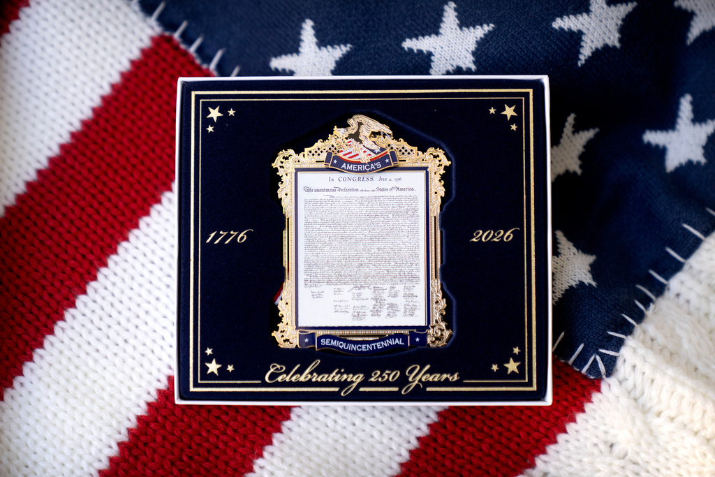 A commemorative ornament released by America250 as part of events leading up to the 250th anniversary of the signing of the Declaration of Independence in 1776, is photographed Thursday, Nov. 13, 2025, in Washington. (AP Photo/Mark Schiefelbein)