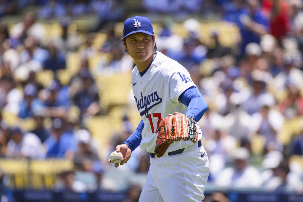 Los Angeles Dodgers starting pitcher Shohei Ohtani gestures during the second inning of a baseball game against the Tampa Bay Rays in Los Angeles, Wednesday, June 17, 2026. (AP Photo/Kyusung Gong)