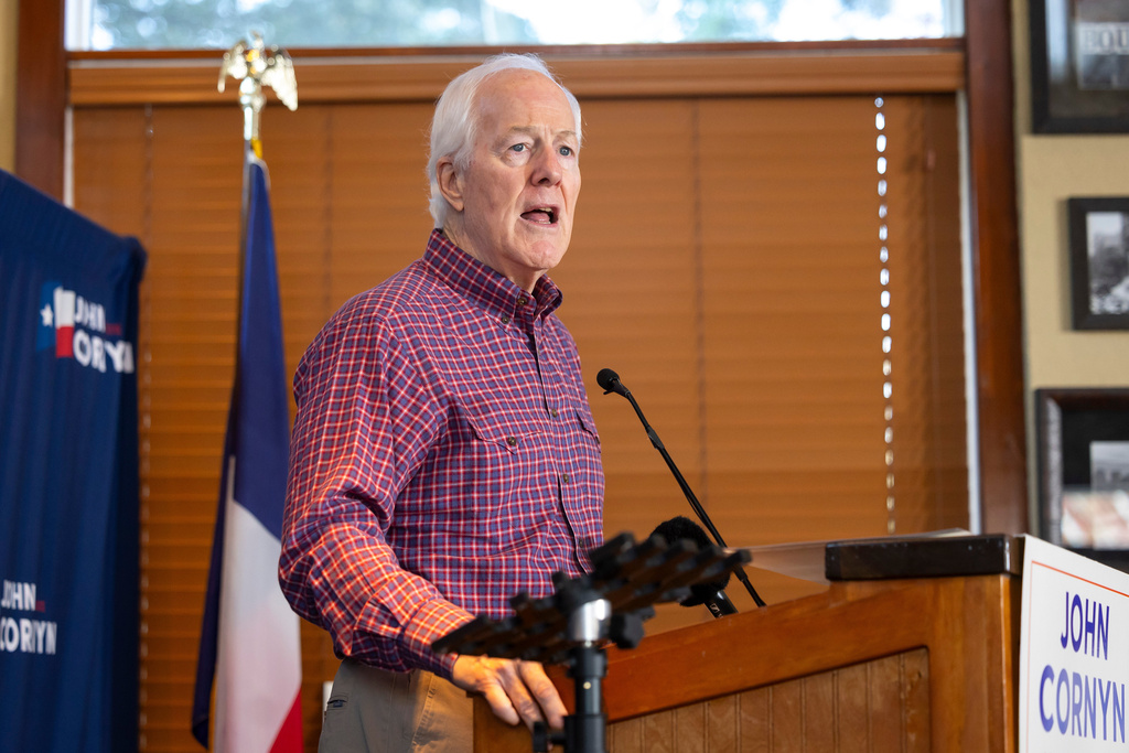 Sen. John Cornyn, R-Texas, speaks during a campaign stop in The Woodlands, Texas, Saturday, Feb. 28, 2026. (AP Photo/Annie Mulligan)