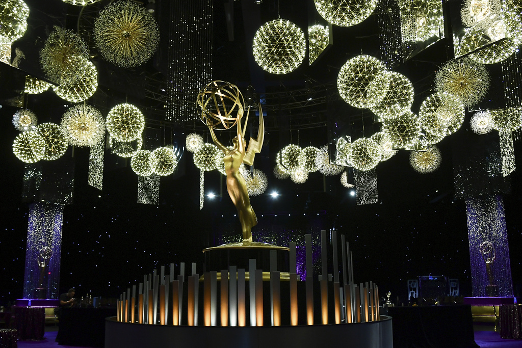 An Emmy statue appears on the stage for the 77th Primetime Emmy Awards red carpet rollout on Thursday, Sept. 11, 2025, in Los Angeles. (Photo by Richard Shotwell/Invision/AP)