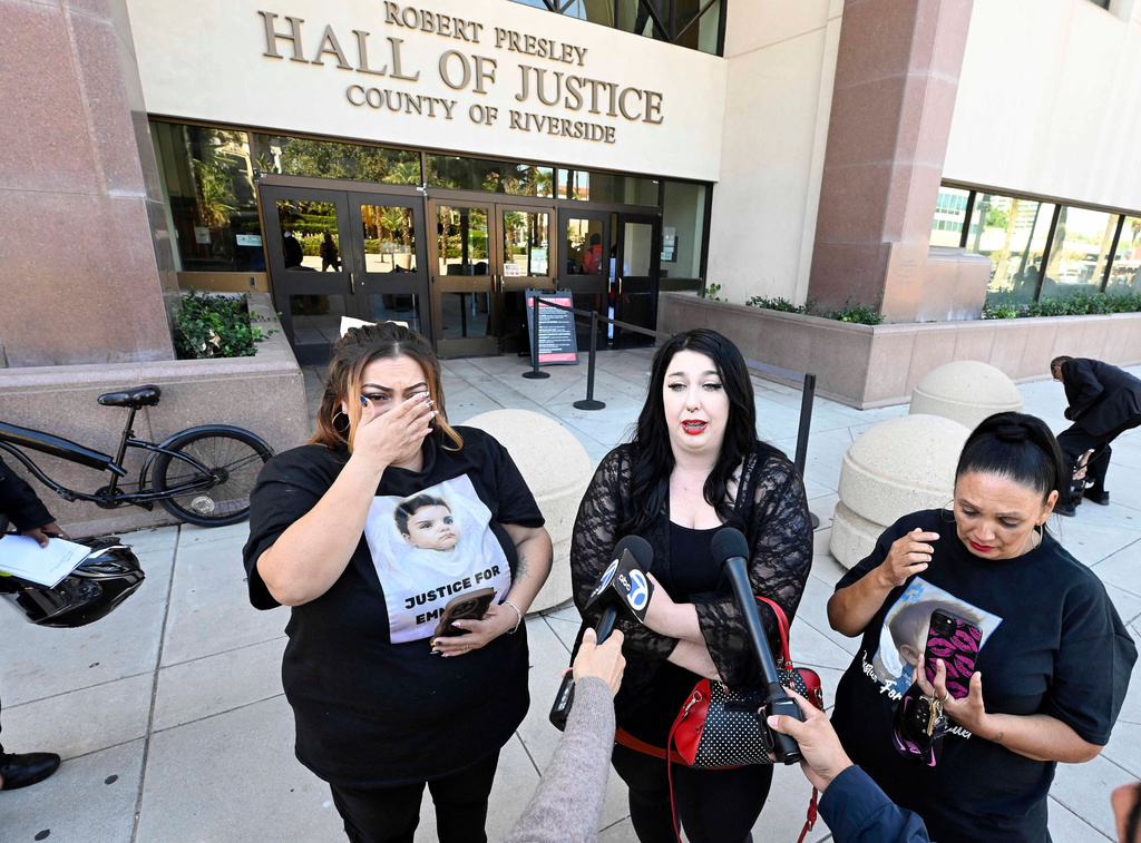 Carla Jaramillo, Ashley Roe and Ramona Munoz, who have all been closely following the Haro case speak to the media outside of the Riverside Hall of Justice in downtown Riverside on Thursday, Oct. 16, 2025. (Will Lester/The Orange County Register via AP, Pool)