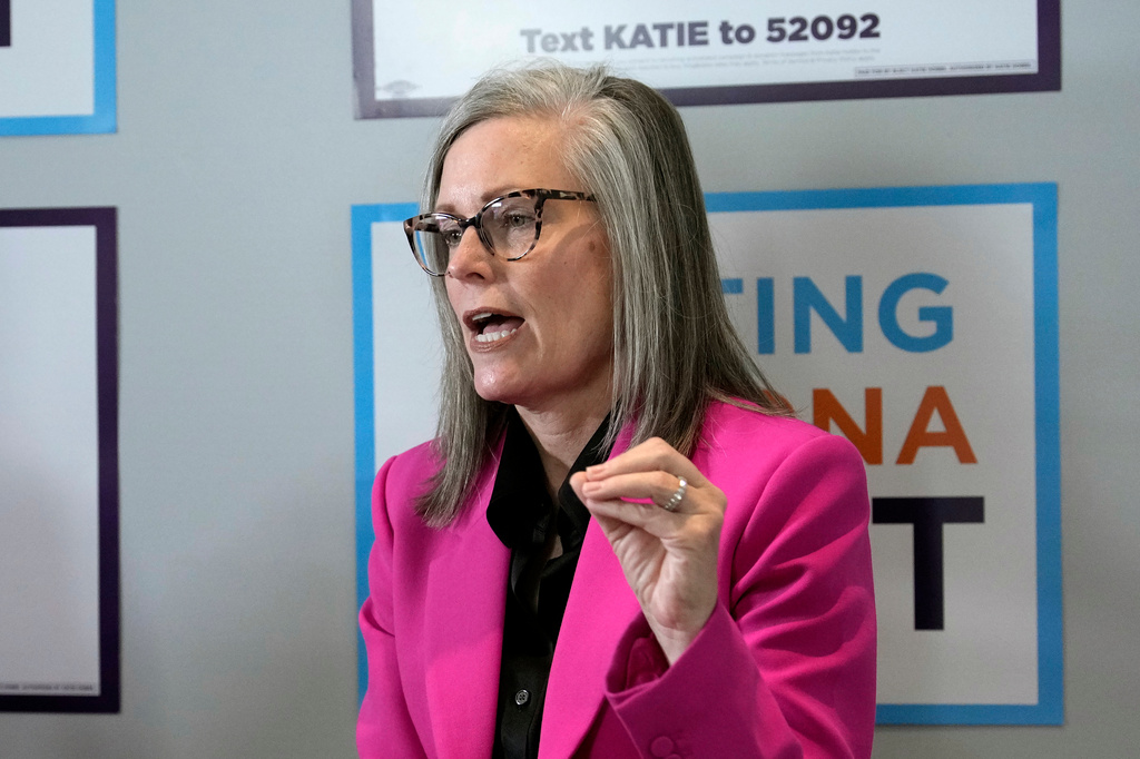 Arizona Democratic Gov. Katie Hobbs speaks during a political announcement, Monday, Aug. 10, 2026, in Phoenix. (AP Photo/Ross D. Franklin)