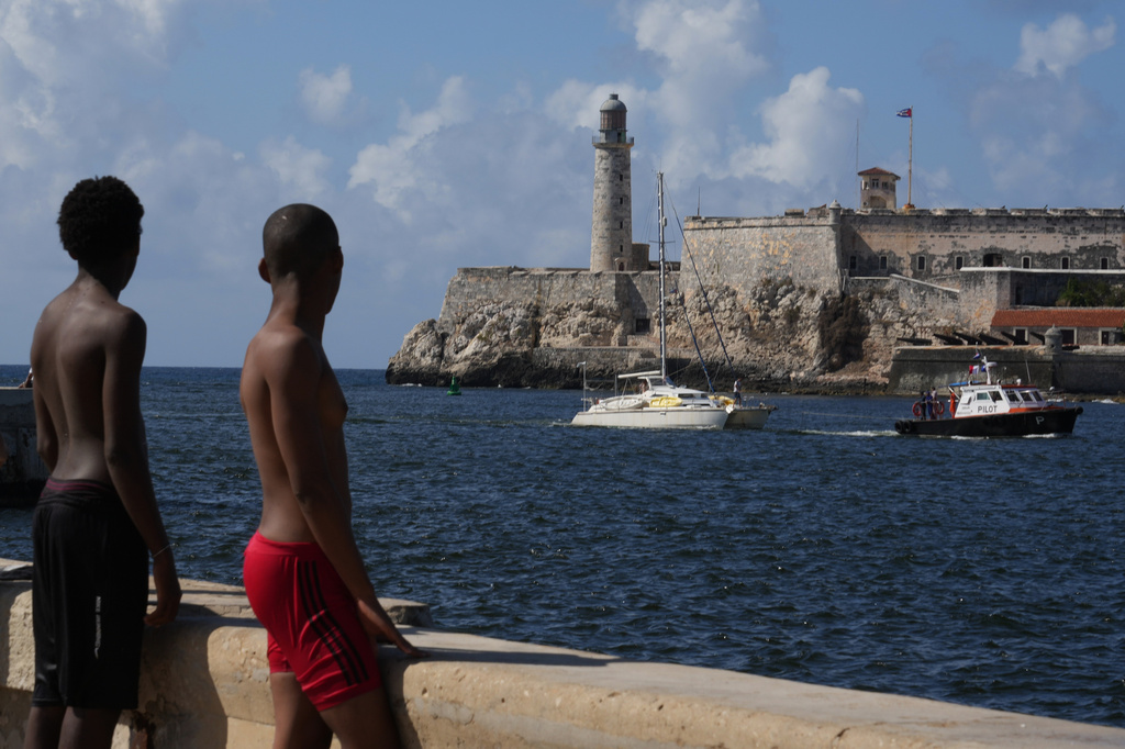 One of two sailboats carrying humanitarian aid organized by activists with an international organization that departed from Mexico arrives in Havana, Cuba, Saturday, March 28, 2026. (AP Photo/Ramon Espinosa)