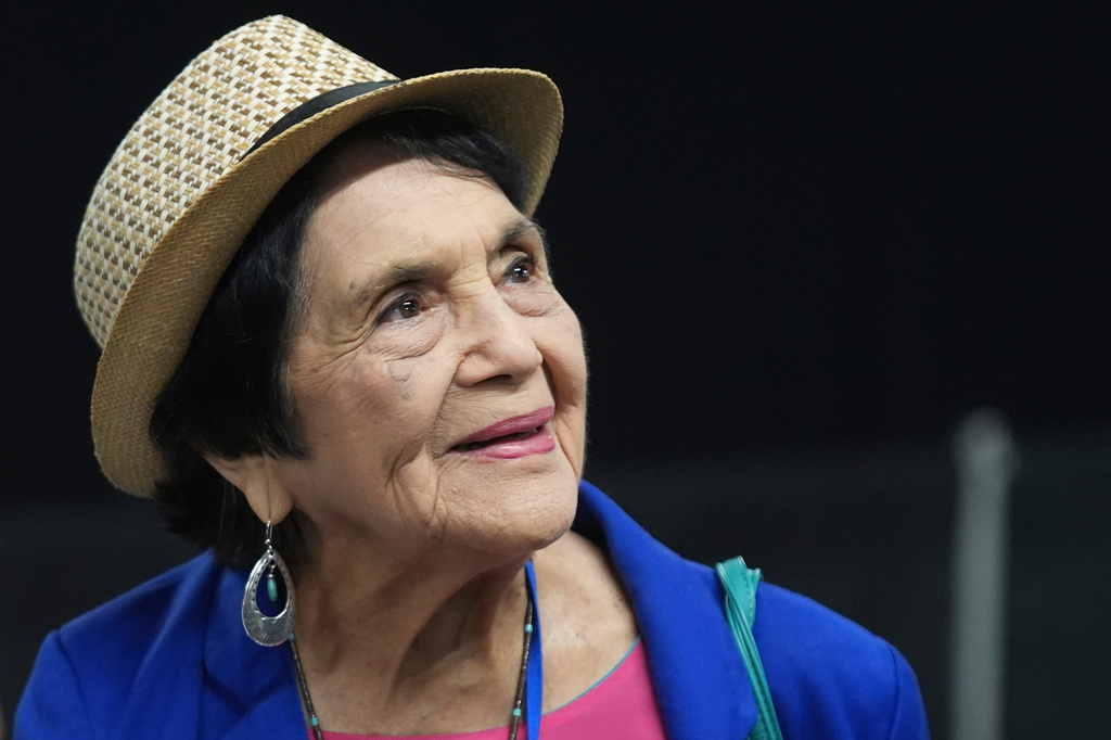 FILE - Dolores Huerta, the labor leader, civil rights activist and co-founder of the National Farm Workers Association, is seen at the California Democratic Party's 2025 State Convention at the Anaheim Convention Center in Anaheim, Calif., May 31, 2025. (AP Photo/Damian Dovarganes, File)