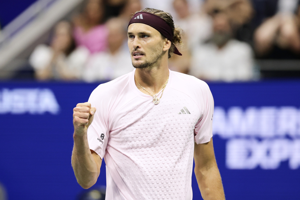 Alexander Zverev, of Germany, reacts after winning a point against Botic van de Zandschulp, of the Netherlands, during the quarterfinal round of the U.S. Open tennis championships, Wednesday, Sept. 9, 2026, in New York. (AP Photo/Adam Hunger)