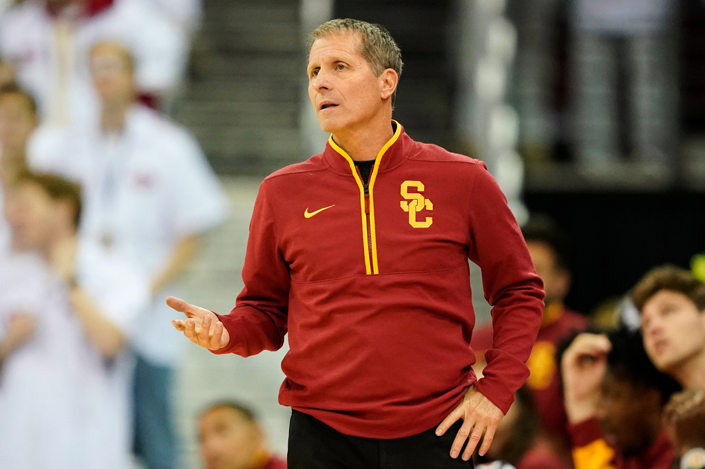 FILE - Southern California head coach Eric Musselman looks on during the first half of an NCAA college basketball game against Wisconsin, Jan. 25, 2026, in Madison, Wis. (AP Photo/Kayla Wolf, File)