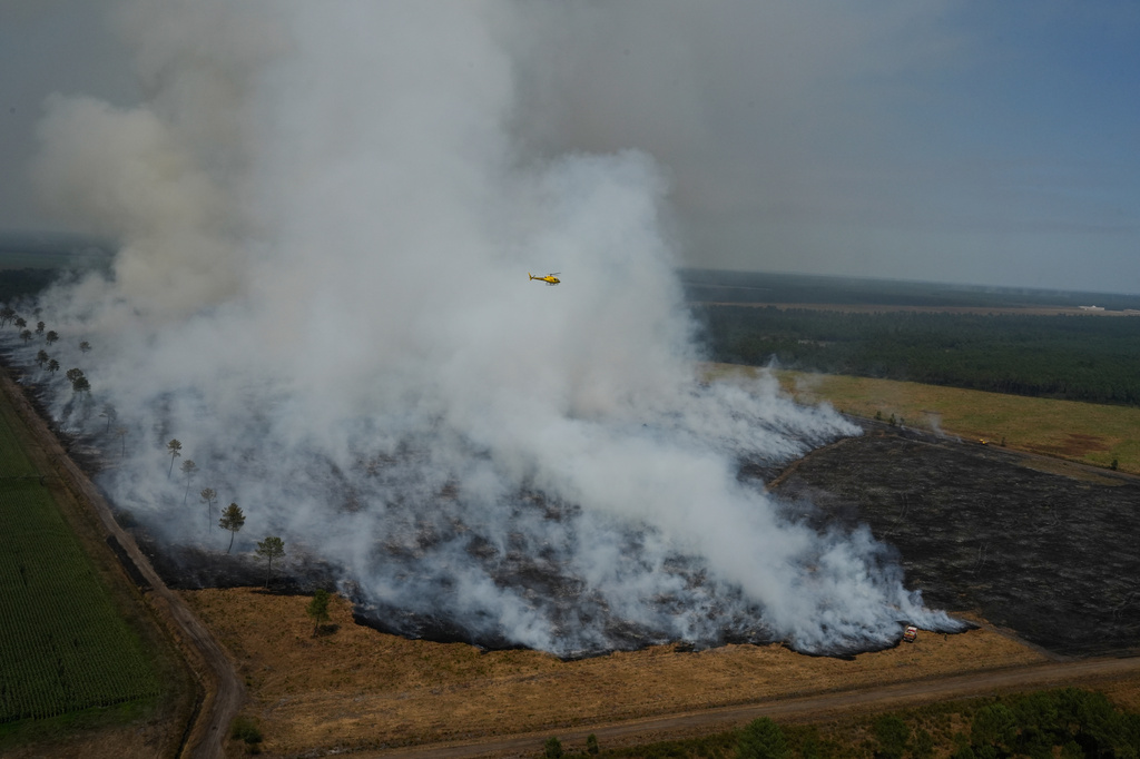 FILE - A wildfire burns near near Ares, France, July 28, 2026. (AP Photo/Baz Ratner, Pool, File)