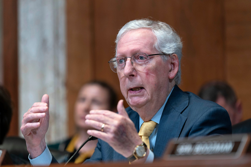 FILE - Sen. Mitch McConnell, R-Ky., speaks during a Senate Committee on Appropriations subcommittee hearing on Capitol Hill in Washington, May 20, 2025. (AP Photo/Jose Luis Magana, File)