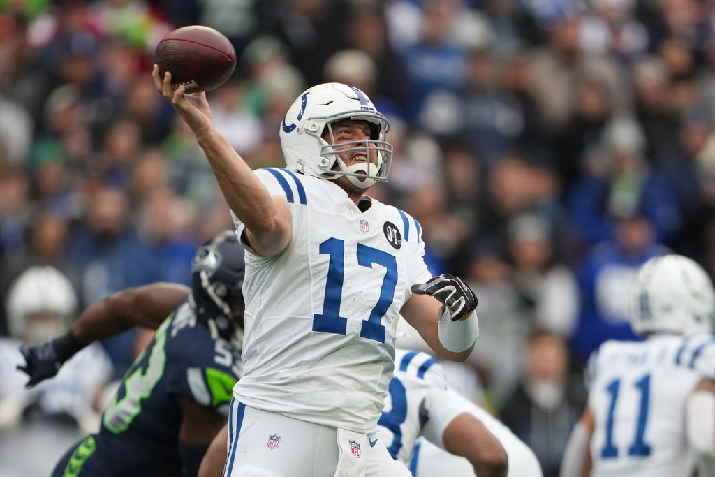 Indianapolis Colts quarterback Philip Rivers (17) throws during the first half of an NFL football game against the Seattle Seahawks, Sunday, Dec. 14, 2025, in Seattle. (AP Photo/Lindsey Wasson)