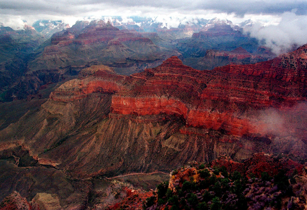 FILE - The Kaibab Trail, running right to left at center, at Grand Canyon National Park on Jan. 20, 2001. (AP Photo/Matt York, File)