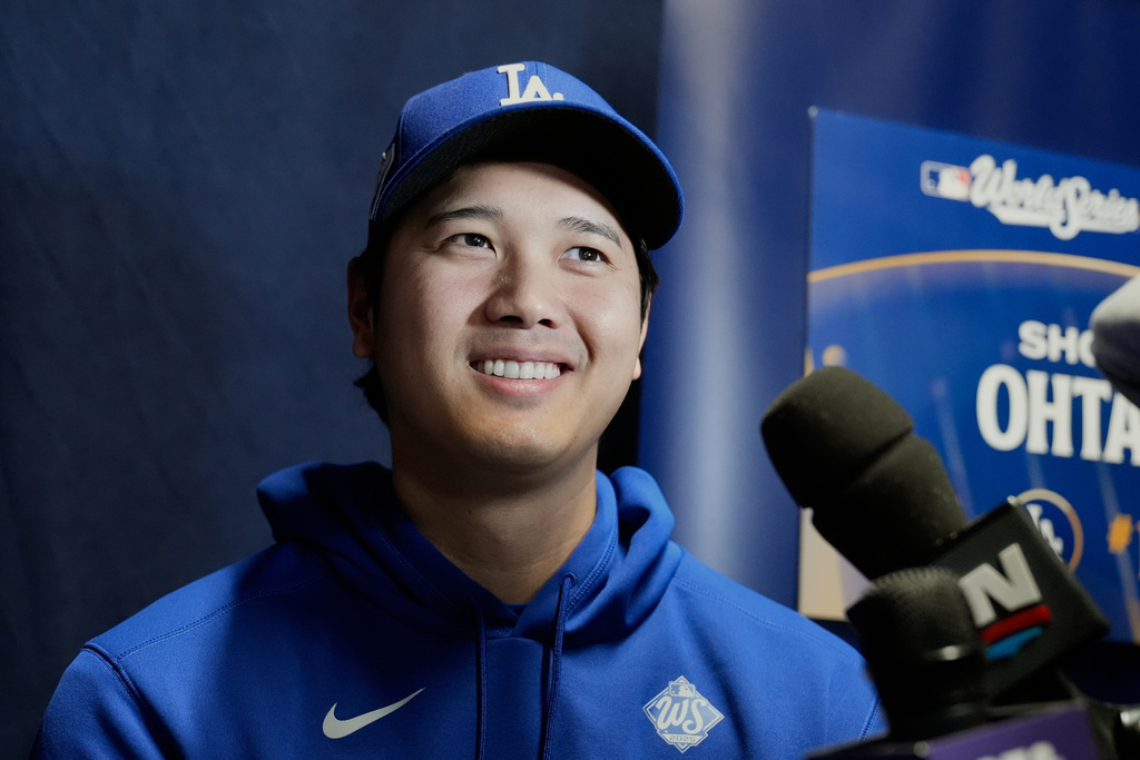 Los Angeles Dodgers' Shohei Ohtani speaks during a World Series baseball media day, Thursday, Oct. 23, 2025, in Toronto. The Toronto Blue Jays face the Los Angeles Dodgers in Game 1 on Friday. (AP Photo/Brynn Anderson)