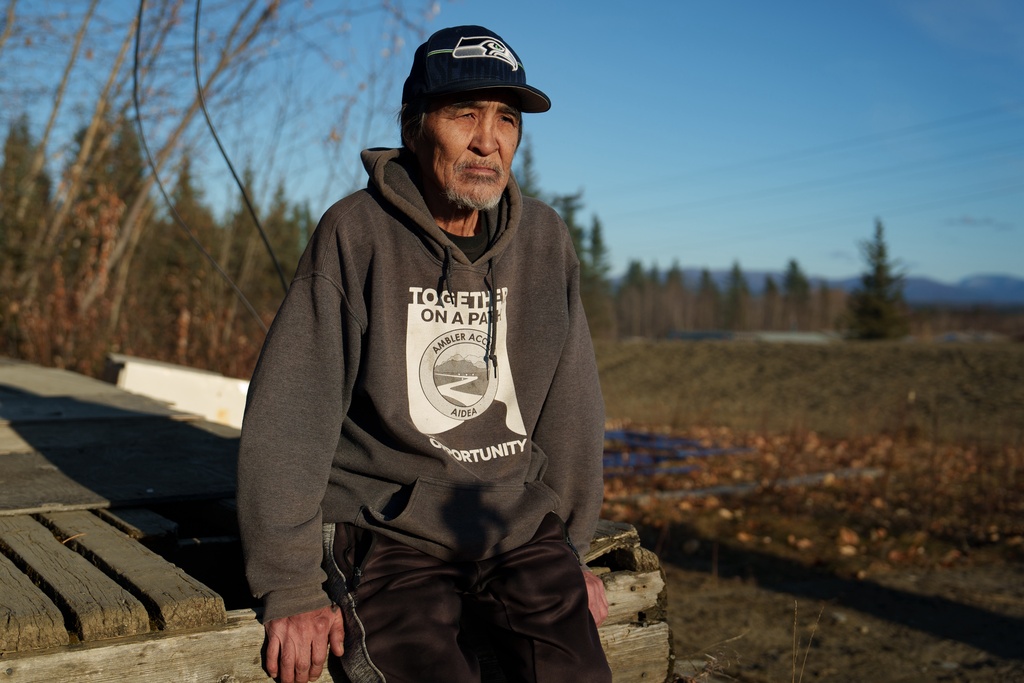 Ambler Mayor Conrad Douglas wears a pro Ambler Access Road sweatshirt while posing for a portrait in Ambler, Alaska, Tuesday, Sept. 30, 2025. (AP Photo/Annika Hammerschlag)