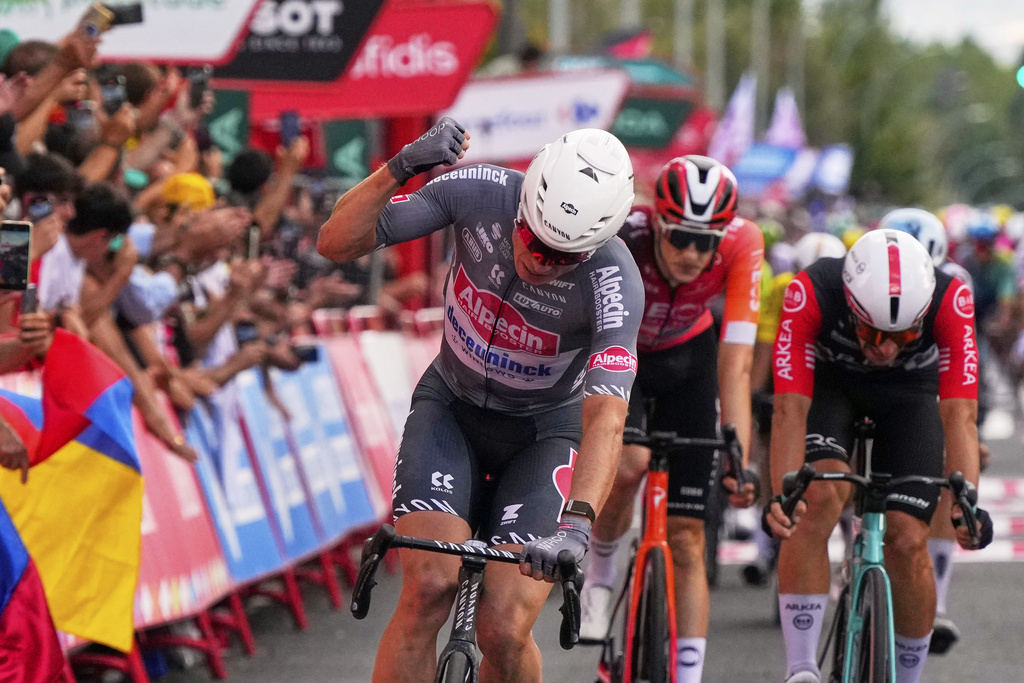 Belgian cyclist Jasper Philipsen wins the nineteenth stage of the Spanish La Vuelta cycling race, from Rueda to Guijuelo, Spain, Friday, Sept. 12, 2025. (AP Photo/Manu Fernandez)
