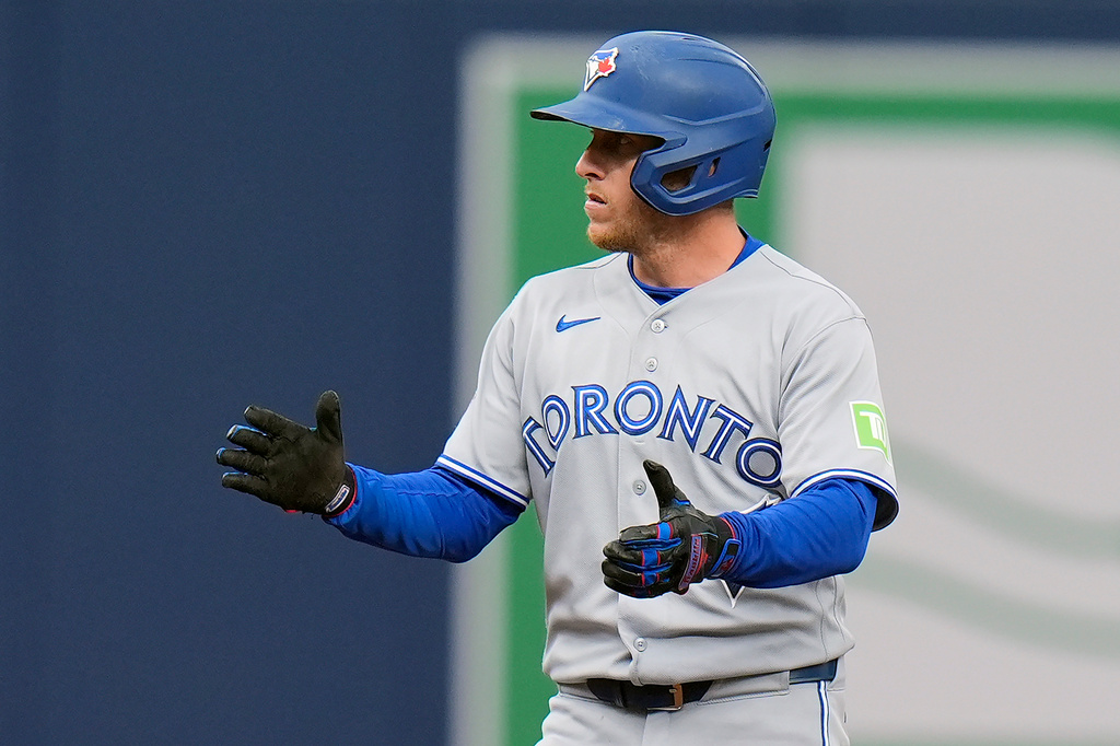 Toronto Blue Jays' Myles Straw celebrates after his double off Tampa Bay Rays pitcher Shane McClanahan during the fifth inning of a baseball game Wednesday, May 6, 2026, in St. Petersburg, Fla. (AP Photo/Chris O'Meara)