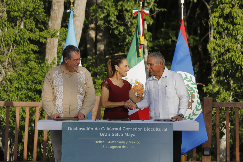Guatemalan president Bernardo Arévalo looks on while Mexican President Claudia Sheinbaum shakes hands with Belize Prime Minister Minister Johnny Briceño, in Calakmul, Campeche state, Mexico, Friday, Aug. 15, 2025. (AP Photo/Martin Zetina)
