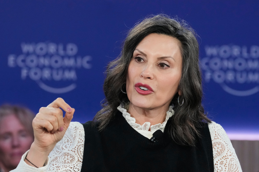 FILE - Michigan Gov. Gretchen Whitmer speaks during the Annual Meeting of the World Economic Forum in Davos, Switzerland, Jan. 21, 2026. (AP Photo/Markus Schreiber, File)