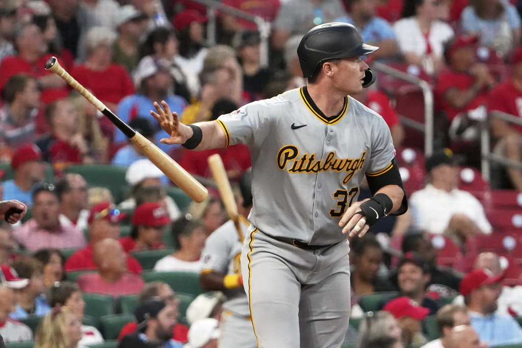 Pittsburgh Pirates' Henry Davis watches his solo home run during the third inning of a baseball game against the St. Louis Cardinals Tuesday, Aug. 26, 2025, in St. Louis. (AP Photo/Jeff Roberson)