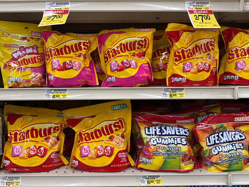Starburst candy are displayed on a shelve at a grocery store in Mount Prospect, Ill., Monday, Oct. 20, 2025. (AP Photo/Nam Y. Huh) Starburst candy are displayed on a shelve at a grocery store in Mount Prospect, Ill., Monday, Oct. 20, 2025. (AP Photo/Nam Y. Huh)