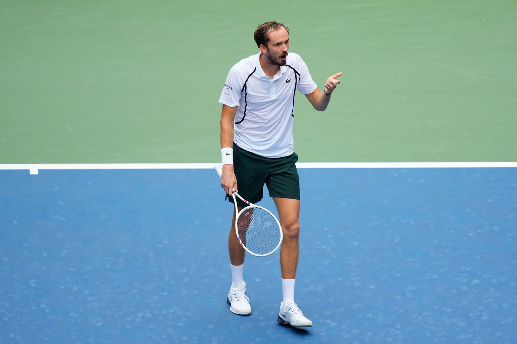 Daniil Medvedev, of Russia, left, appeals for a replay during the second round of the U.S. Open tennis championships against Sebastian Gorzny, of the United States, Wednesday, Sept. 2, 2026, in New York. (AP Photo/Yuki Iwamura)