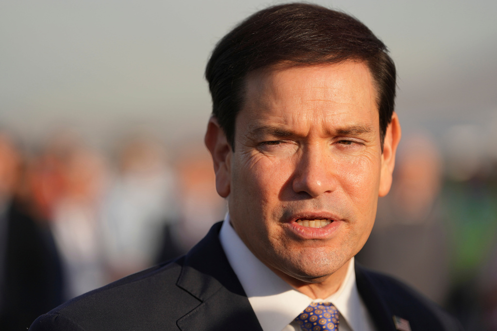 U.S. Secretary of State Marco Rubio speaks to the press before boarding a plane at Eleftherios Venizelos International Airport near Athens, Greece, Thursday, Oct. 8, 2026. (AP Photo/Mark Schiefelbein, Pool)