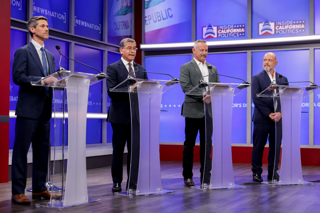 Candidates in California's gubernatorial race, from left, Matt Mahan, Xavier Becerra, Chad Bianco, and Steve Hilton look on during a gubernatorial debate hosted by Nexstar Wednesday, April 22, 2026, in San Francisco. (Jason Henry/Pool Photo via AP)