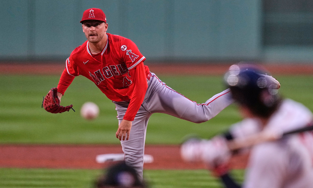 Los Angeles Angels starting pitcher Reid Detmers delivers during the first inning of a baseball game against the Boston Red Sox, Tuesday, Sept. 8, 2026, in Boston. (AP Photo/Charles Krupa)