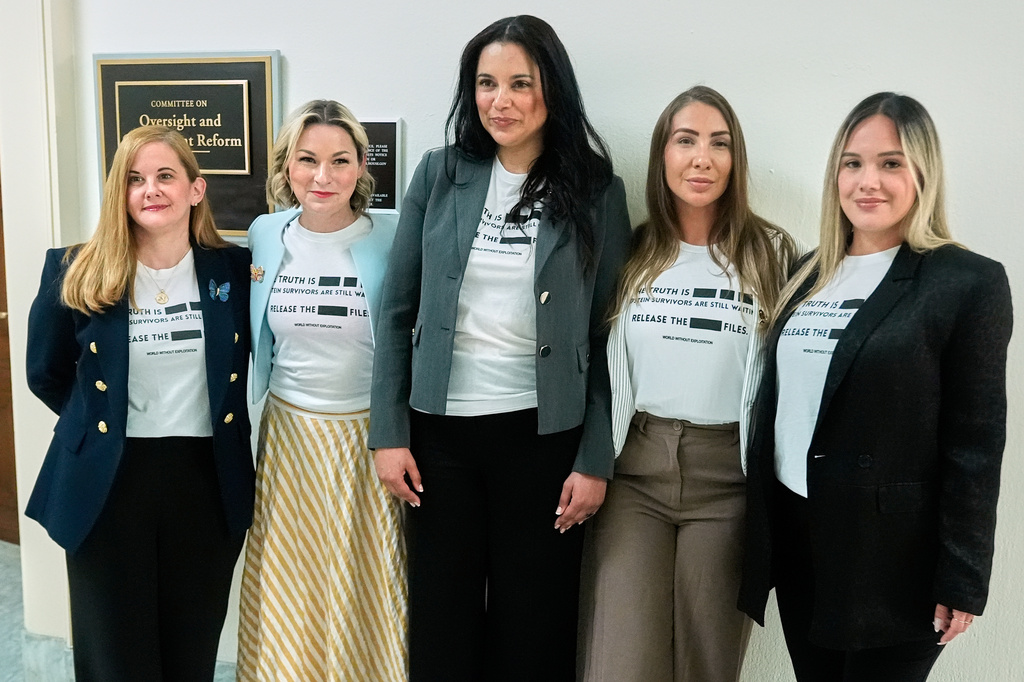 Victims of Jeffrey Epstein's abuse, from left, Liz Stein, Dani Bensky, Sharlene Rochard, Marina Lacerda and Andrea Sterling, are seen before former Attorney General Pam Bondi arrives for her deposition at the Rayburn House Office Building on Capitol Hill, Friday, May 29, 2026, in Washington. (AP Photo/Manuel Ceneta)
