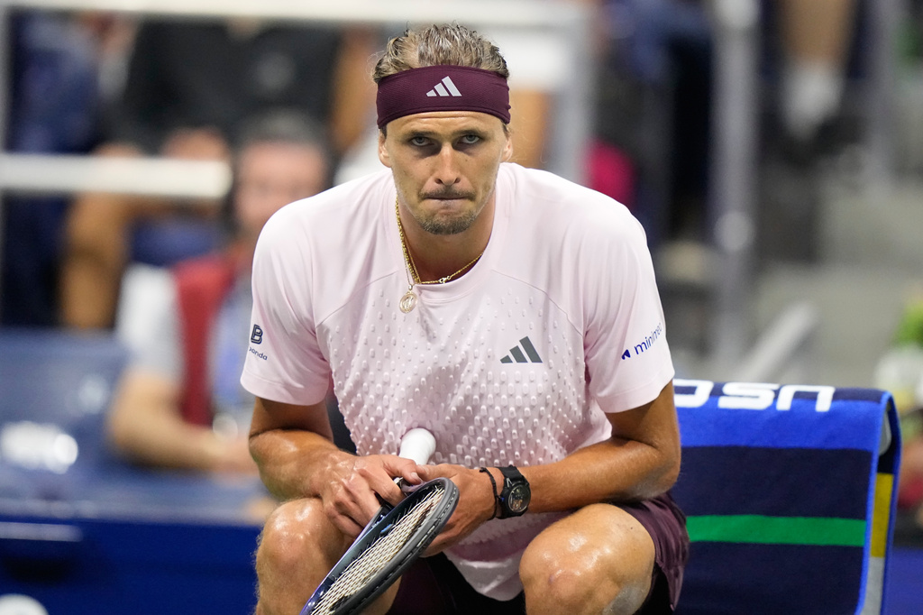 Alexander Zverev, of Germany, reacts during a change over in the fourth set against Lorenzo Sonego, of Italy, during the first round of the U.S. Open tennis championships early Wednesday, Sept. 2, 2026, in New York. (AP Photo/Frank Franklin II)