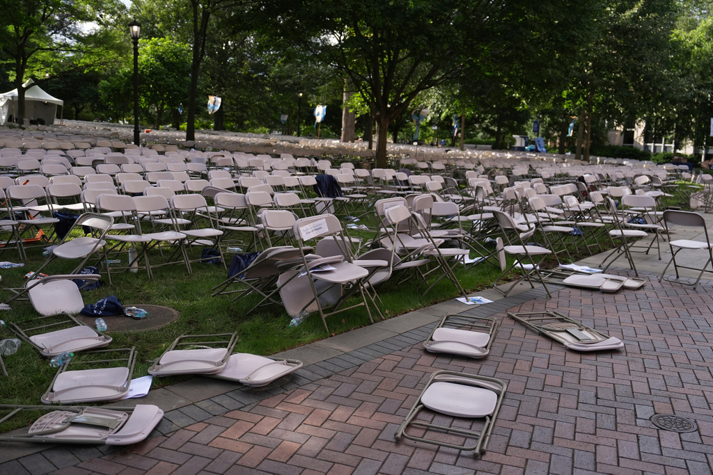A mess of toppled chairs at the Villanova University campus where an active shooter was reported Thursday, Aug. 21, 2025, in Villanova, Pa. (AP Photo/Matt Slocum)