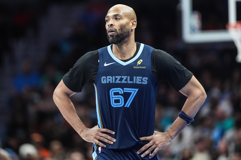 FILE - Memphis Grizzlies forward Taj Gibson looks on during the second half of an NBA basketball game against the Charlotte Hornets, March 21, 2026, in Charlotte, N.C. (AP Photo/Matt Kelley, File)