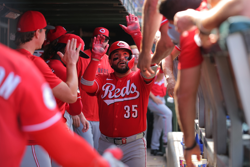 Cincinnati Reds' Jose Trevino celebrates his home run in the dugout during the sixth inning of a baseball game against the Chicago Cubs, Friday, Aug. 28, 2026, in Chicago. (AP Photo/Melissa Tamez)