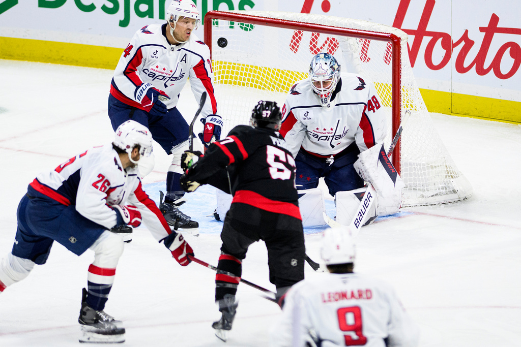 Ottawa Senators' David Perron (57) scores on Washington Capitals goalie Logan Thompson (48) during third period NHL hockey action on New Year's Day in Ottawa, on Thursday, Jan. 1, 2026. (Spencer Colby/The Canadian Press via AP)