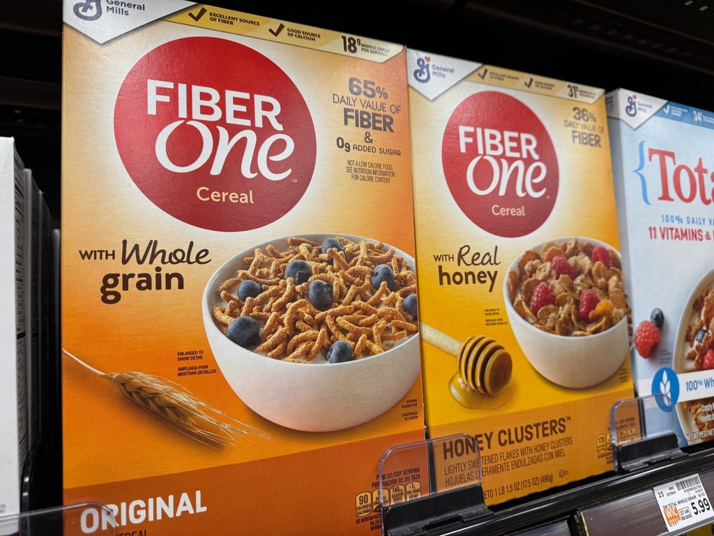 Boxes of cereal promoting fiber sit on a shelf at a Kroger grocery store, in Ann Arbor, Mich., Tuesday, Nov. 18, 2025. (AP Photo/Dee-Ann Durbin)