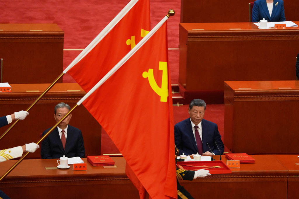 Chinese President Xi Jinping, right, attends a ceremony to mark the 105th anniversary of the founding of the Chinese Communist Party at the Great Hall of the People in Beijing, Wednesday, July 1, 2026. (AP Photo/Ng Han Guan)