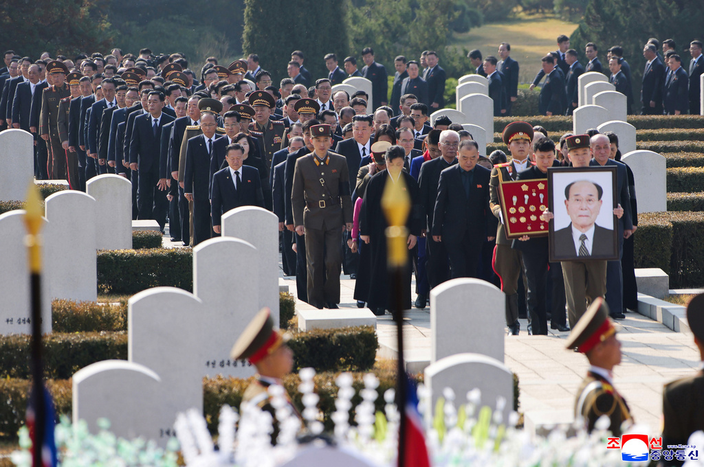 In this photo provided by North Korean government, North Korean leader Kim Jong Un, center, attends a state funeral for the country’s longtime ceremonial head of state, Kim Yong Nam, in Pyongyang, North Korea Wednesday, Nov. 5, 2025. Independent journalists were not given access to cover the event depicted in this image distributed by the North Korean government. The content of this image is as provided and cannot be independently verified. Korean language watermark on image as provided by source reads: "KCNA" which is the abbreviation for Korean Central News Agency. (Korean Central News Agency/Korea News Service via AP)
