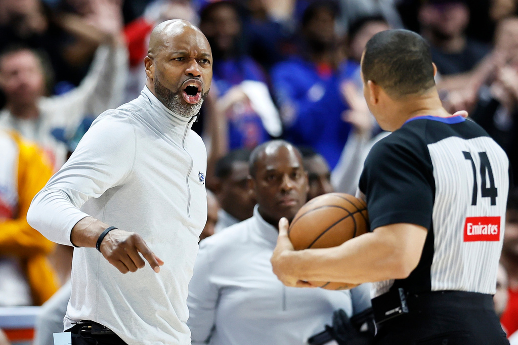 Orlando Magic head coach Jamahl Mosley shouts at referee Curtis Blair (74) during the second half in Game 5 of a first-round NBA basketball playoffs series against the Detroit Pistons Wednesday, April 29, 2026, in Detroit. (AP Photo/Duane Burleson)