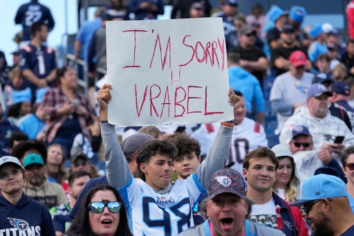 A Tennessee Titans fans holds up a sign during the second half of an NFL football game against the New England Patriots, Sunday, Oct. 19, 2025, in Nashville, Tenn. (AP Photo/George Walker IV) A Tennessee Titans fans holds up a sign during the second half of an NFL football game against the New England Patriots, Sunday, Oct. 19, 2025, in Nashville, Tenn. (AP Photo/George Walker IV)