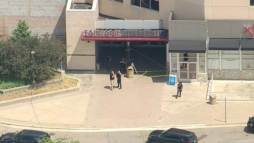 Law enforcement respond to a shooting at a shopping mall in the city of Dearborn, Mich., on Friday, July 3, 2026. (WXYZ via AP)