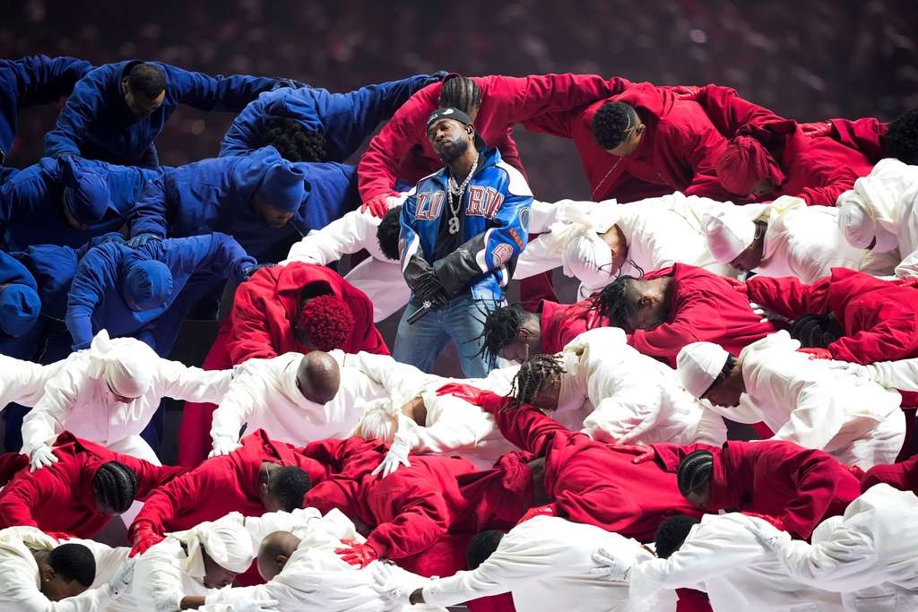 FILE - Kendrick Lamar performs during halftime of the NFL Super Bowl 59 football game in New Orleans on Feb. 9, 2025. (AP Photo/Matt Slocum, File)