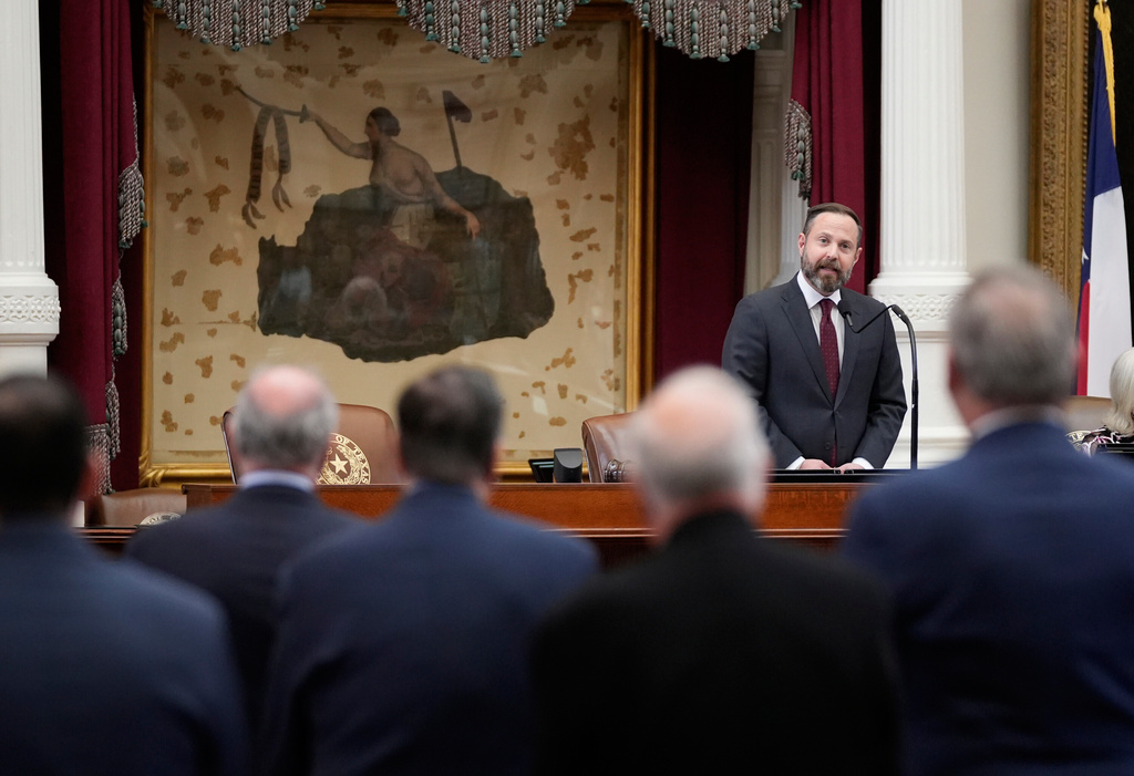 House Speaker Dustin Burrows announces a tip line to find missing Democratic state representatives at the Capitol in Austin, Texas, Monday, Aug. 11, 2025. (Jay Janner/Austin American-Statesman via AP)